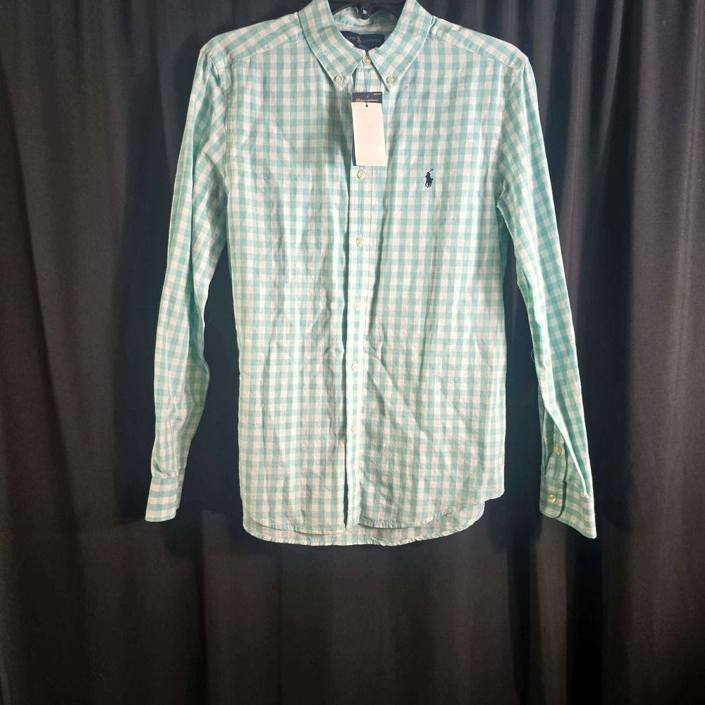 Ralph Lauren Boys XL 18-20 Mint Green Gingham Checkered Button Down Shirt‎ NWT